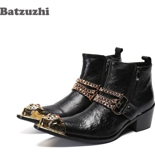 Batzuzhi Fashion Mens Boots Pointed Toe Genuine Leather Ankle Boots Men Black/Red Party and Wedding Dress Botas, Big Size US12