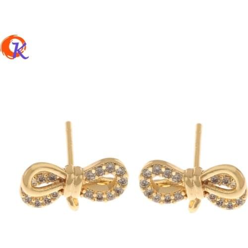 Cordial Design 20Pcs 7*12MM Jewelry Accessories/CZ Earrings Stud/Hand Made/Bowknot Shape/Genuine Gold Plating/DIY Findings