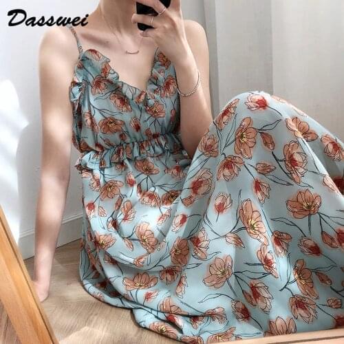 DASSWEI Summer Print Chiffon Dress For Women 2021 New Fashion Ruffles Floral V-Neck Dresses Beach Dress Female Long Party Dress
