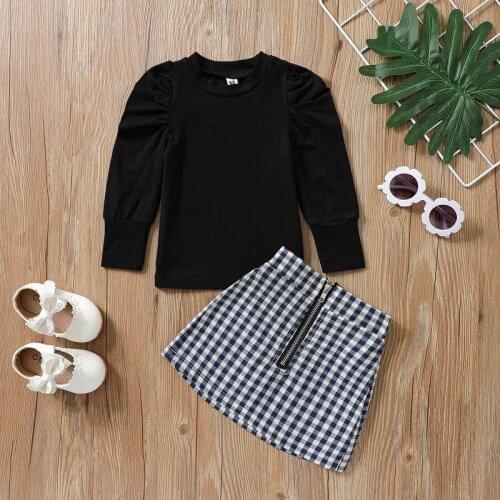 2021 Infant Kids Baby Girl Puff Long Sleeve Cotton T-shirt Tops Plaid Zipper A-line Skirt 2PCS Outfits Spring Autumn Clothes Set