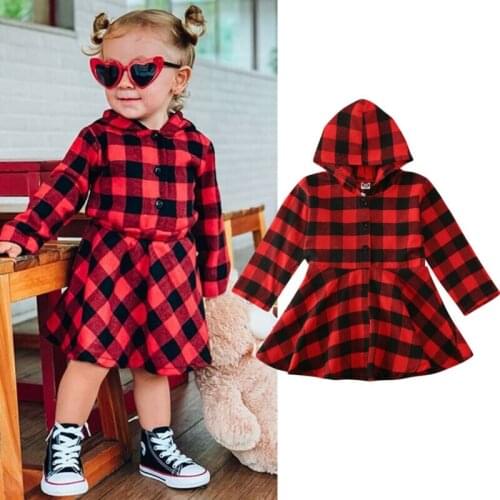 Kids Girls Plaid Long Sleeve Hoodies Dress Child Toddler Spring Autumn Christmas Button Red Dresses