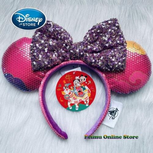 2021 Disney Mickey Mouse Ears Shanghai Disneyland: Lunar New Year Minnie Bow Pink Sequins Cartoon Anime Headdress Headband Gift