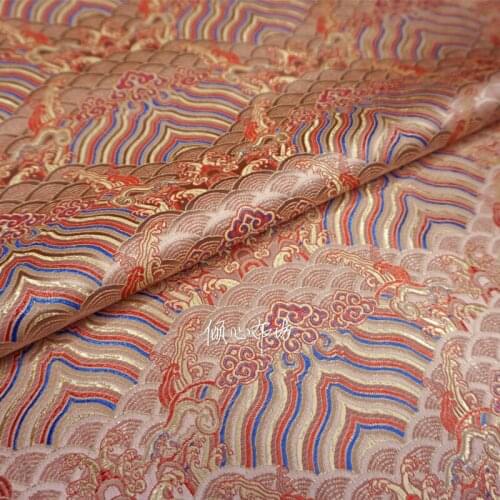 Chinese Classics Brocade jacquard Coral red wave Satin silk fabric Satin de soie Satén шелк hanfu cloth DIY patchwork bag