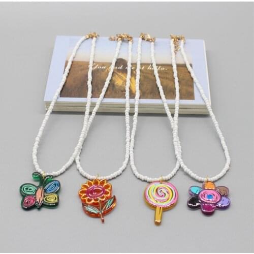 Fashion Acylic Rainbow Flower Butterfly Simple Beaded Necklace For Girl Clavicle Chain Choker Statement Pendant Women Jewelry