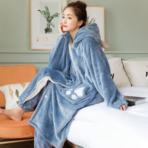 Men Women Flannel Bathrobe Sleepwear Winter Couple Bathrobes Warm Robe Loose Hooded Coat Outerwear (Pants not include)
