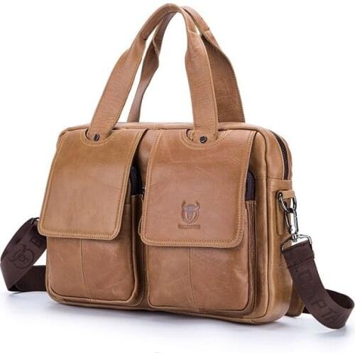 BULLCAPTAIN Mens Real Leather Briefcase 14 Inch Laptop Sleeve ,Casual Shoulder Messenger Bag, Tote, Work, Office
