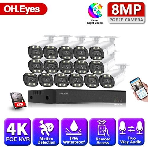 OH.eyes 4K Audio POE CCTV Camera System 16CH NVR Kit Indoor Outdoor Video Surveillance Camera Security System Set Onvif
