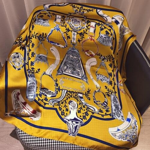 Versatile Silk Scarf Women Large Shawls Floral Print Stoles Square Bandana Luxury Brand Kerchief Scarves Female Foulard 90*90cm