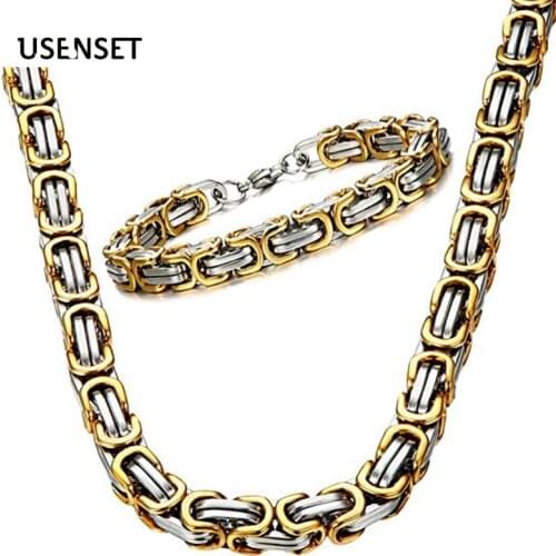 Byzantine Chains Stainless Steel Necklaces Bracelets Set For Men Women Chain Jewelry Gifts Statement 4MM 5MM 6MM 8MM USENSET