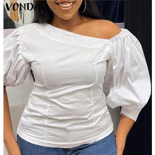 VONDA 2021 Women Off Shoulder Shirts Sexy Tunic Tops Casual Solid Color Blouse Female Sexy Party Tops Blusas Femininas Plus Size