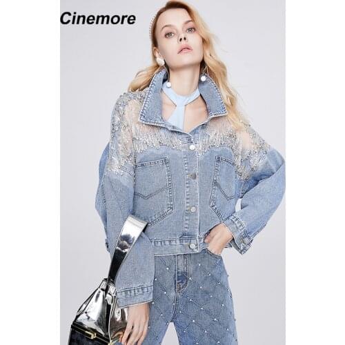 CINEMORE denim jackets 2021 women Fashion Pockets Vintage Cowboy Outwear Button Pockets Loose Diamond jeans Womens coat N6308