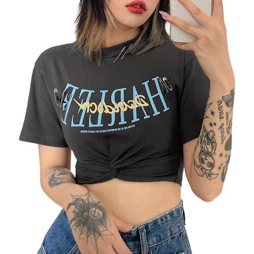 Womens Fashion Short Sleeve Letter Print Cutout with Safety Pins T-Shirts Twist Front Crop Tops