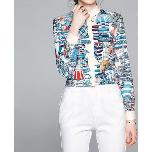 NRJ-6F-611-1-3227 2020 Autumn New Women Round Neck Single Breasted Shirt Graffiti Print Shirts Top Fashion