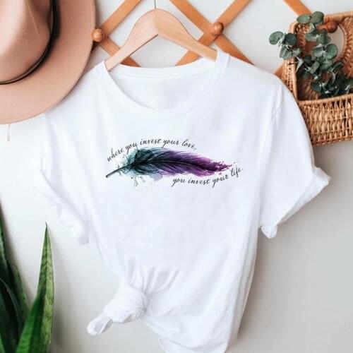 Women Summer Tshirts Cartoon Feather Watercolor 90s Fashion Short Sleeve Clothes Graphic T Top Lady Print Female Tee T-Shirt