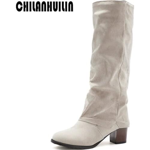 Round toe autumn winter boots cozy high heels fashion western boots knee high boots for woman faux suede thick heel long boots