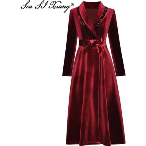 Seasixiang Fashion Designer Autumn Trench Coat Womens Long Sleeve Tassel Beading lace-up Velvet Outwear