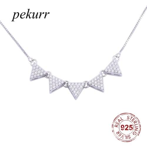 Pekurr 925 Sterling Silver Zircon Triangle Bunting String Necklaces For Women Geometry Pendants Choker Fashion Jewelry Gifts