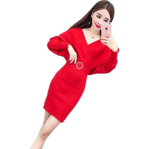 2018 womens spring and autumn new temperament V-neck slim package hip knit long-sleeved was thin dress