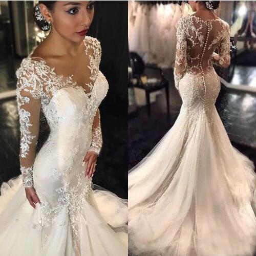 2021 MYYBLE Appliques Bright Sequined Long Sleeves Embroidered Lace on Net Illsuion Mermaid Wedding Dresses Button Tulle Train