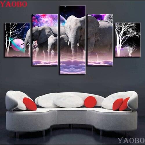 5 Pcs Full Square Round 5D DIY Diamond Painting Animals Elephants Scenery Mosaic Diamond Embroidery Sets for Dining Room Decor