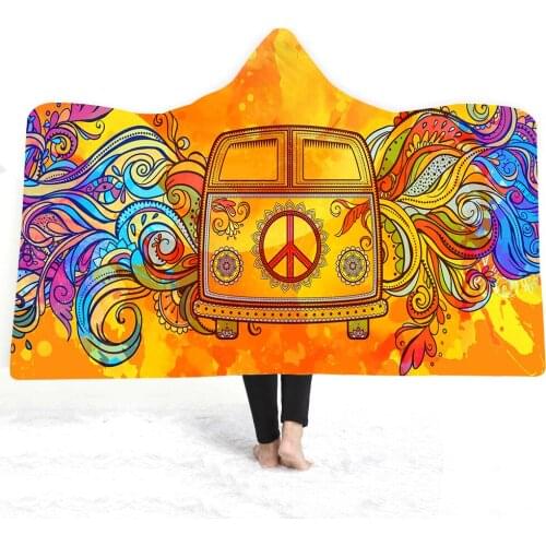 Free shipping Novelty Gift Rock Peace Love Bohemian BOHO Mandala Sherpa Fleece Hooded Blanket Cloak Camping Sofa Office Throw