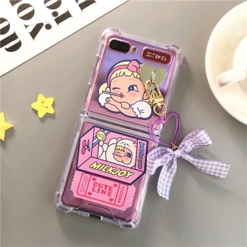 Retro Girl Transparent Case for Samsung F7070 Z Flip Cover Bow Lanyard for F7000 Z Flip Samsung Galaxy Birthday Present