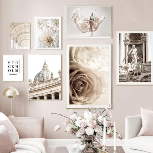 White Flower Girl Church Trevi Fountain Wall Art Canvas Painting Nordic Posters And Prints Wall Pictures For Living Room Decor