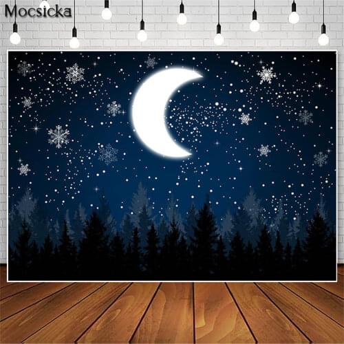 Winter Snow Night Photoshoot Backdrop Pine Forest Half Moon Decoration Kids Birthday Photography Background Photo Studio Props