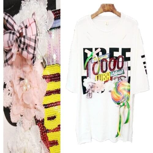 Maxi Summer Long Tees Women Tops Cute Cartoon Bear Dolls Sequins Rainbow Sweat T-shirt Harajuku Funny Letters Cool shirts NS656