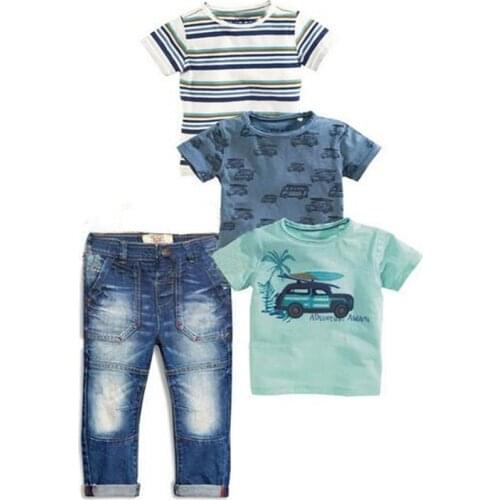 New 2019 Summer Children Sets Baby Clothing Sets Boys 4pcs Set Striped Suit T-shirts + Blue T-shirt Car + T-shirt + Denim Jeans