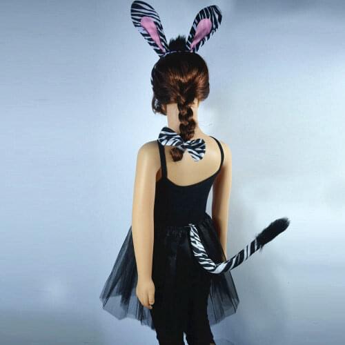 Adult Kids Halloween Animal Jungle Zebra Costume Set Long Ears Tail Bow Fancy Dress Cosplay Props Accessories Party Christmas