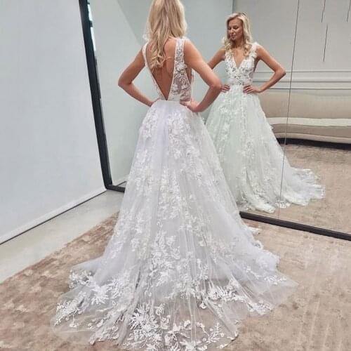 Sexy V-Neck Lace Appliques Off The Shoulder Ball Gown Wedding Dresses Long Sleeveless Princess Wedding Gowns robe mariage