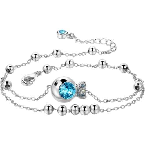 COCOM Cute Fish Multi-Layer Anklets for Women Girls Luxury Blue Austrian Crystals Summer Beach Beaded Footwear Fashion Jewelry