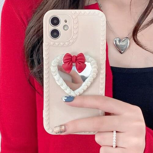 Cute 3D Bow Love Heart Mirror Soft Silicone Phone Case For iphone 12 Pro Max 11 XR X XS Max 6S 7 8 plus MiNi SE 2020 Back Cover