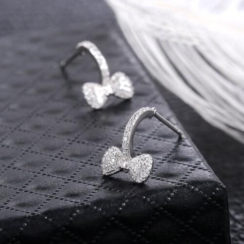 Delicate 100% Silver Color Sparkling Bow Stud Earrings With Clear CZ Women Party Luxury Jewelry Earring Accessories