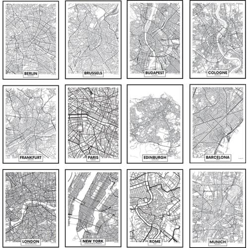 World Cities London Paris Canvas Painting Black and White Map Posters and Prints Art Print Murals Home Wall Decoration Cuadros