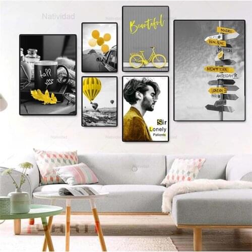 Canvas Printing Black and White Photograph Landscape Picture Nordic Yellow Scenery Painting Wall Art Living Room Wall Decor
