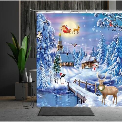 Christmas Snow Elk Shower Curtain Deer Oil Painting Winter Landscape Pine Forest Polyester Bathroom Decor Bath Hanging Cloth Set