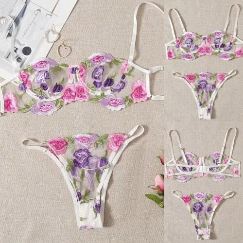 Sexy Lingerie Lace Bra Set Underwear G-string Lingerie Bra Briefs Flowers Embroidery Bralette Cupless Lace Bra Bustier Lingerie