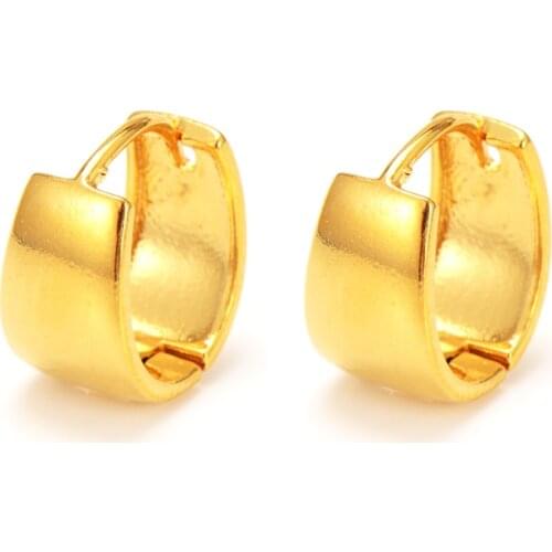 Pure 18K Yellow Fine Solid Gold Filled Hoop Women Gift Lucky Glossy Earrings wide