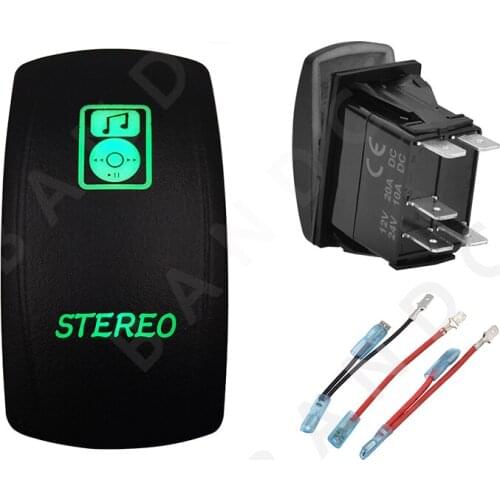 STEREO 5P ON-OFF SPST Green LED Light Laser-Etched Rocker Switch for Car Boat Marine Yacht ARB RV Buses Truck，Jumper Wires Set