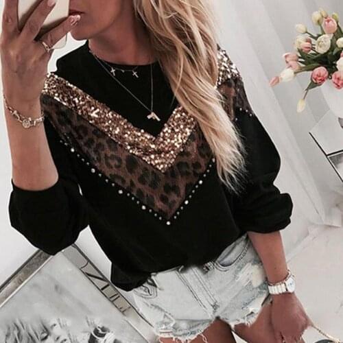 Stylish Women Autumn Blouse O-Neck Long Sleeve Leopard Print Sequins Pullover Blouse Turtleneck Top Shirt ropa mujer