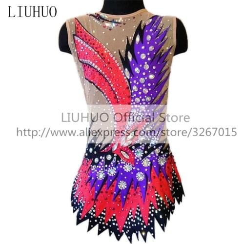 LIUHUO Womens Girls' performance Rhythmic gymnastics competition Leotard Artistic Costume Ice Skating Dress CrystalsMulticolor