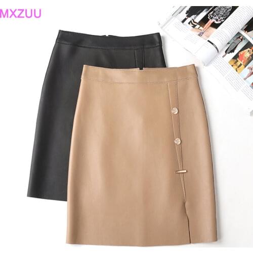 Długie Spódnice Women Genuine Leather Khaki Skirt Faldas de Mujer Show Thin High Waist Wrap Midi Skirts Womens Summer Clothing