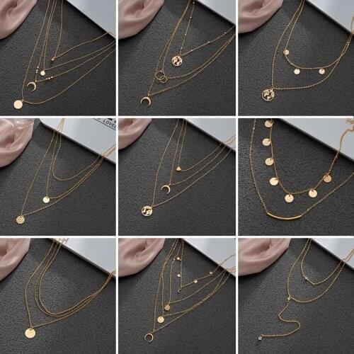 Vintage Multilayer Necklaces For Women Chain Crystal Moon Pearl Pendants Charm Gold Necklaces 2021Trend Bohemian Chokemm Jewelry