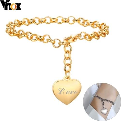 Vnox Adjustable Women Bracelet Customized Heart Charm Name Engraving Elegant Box Chain Bracelet Lady Girl BFF Jewelry Gift