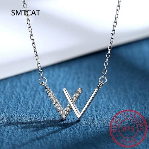 SMTCAT New Trendy S925 Sterling Silver W Letter Necklace Fashion Women Jewelry Double V Pendant AAA Zircon Diamond Necklace