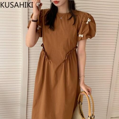 KUSAHIKI Korean Beads Bowknot Puff Sleeve Dress Chic Ruffle High Waist Vestidos 2021 New Causal O-neck Sweet Woman Dress 6K878