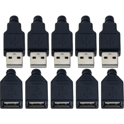 10pcs Type A Male Female USB 4 Pin Plug Socket Connector With Black Plastic Cover Type-A DIY Kits