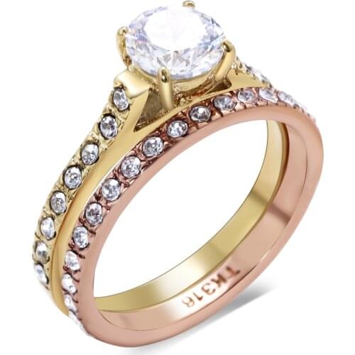 2pcs sets 2 tone plated ring for women 316L Stainless steel Jewelry Wedding Engagement Gold/Rose gold rings set